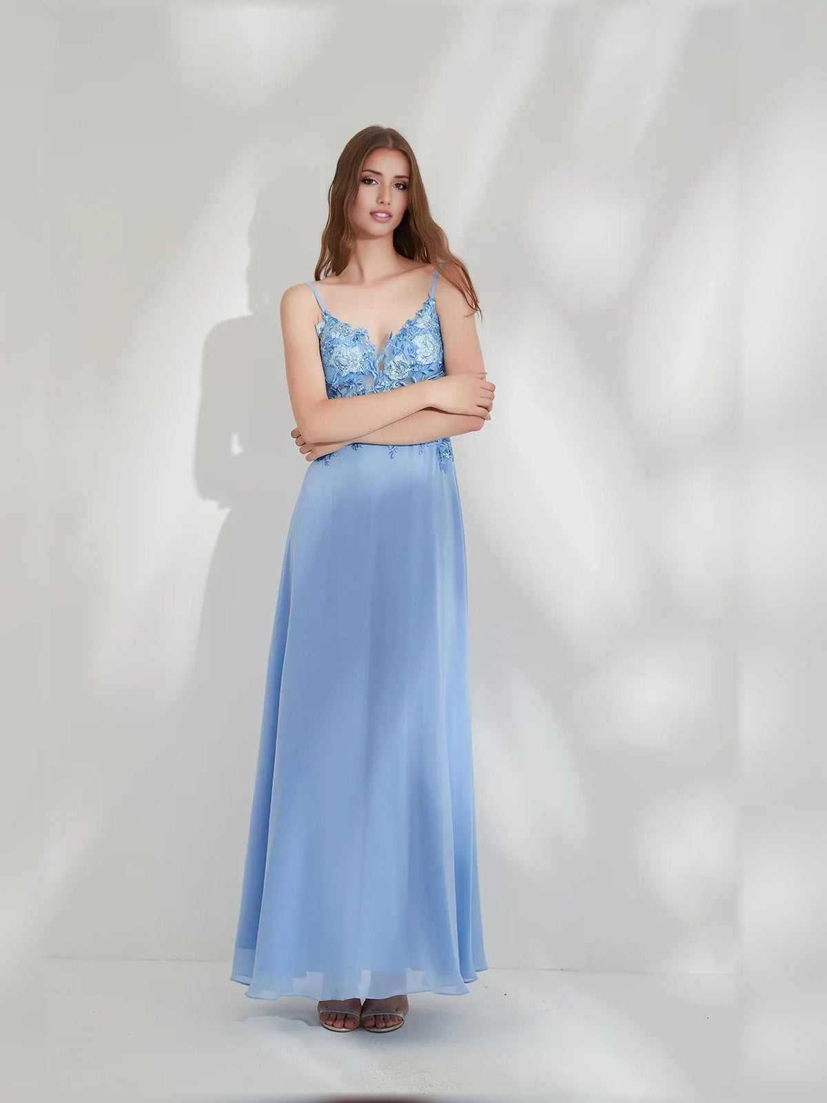 Blue floral V-neck A-line formal dress with lace bodice, spaghetti straps, floor-length