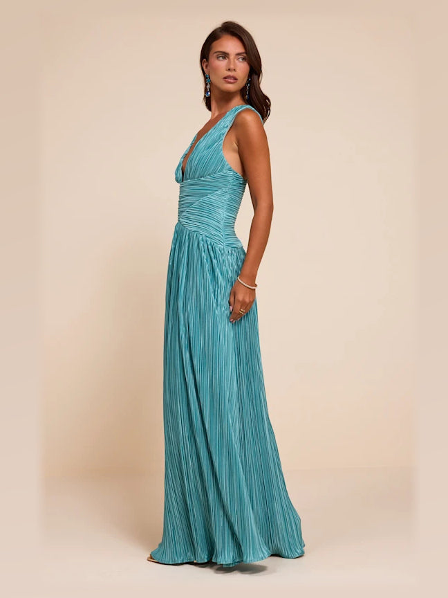 Turquoise formal dress with a-line detailing