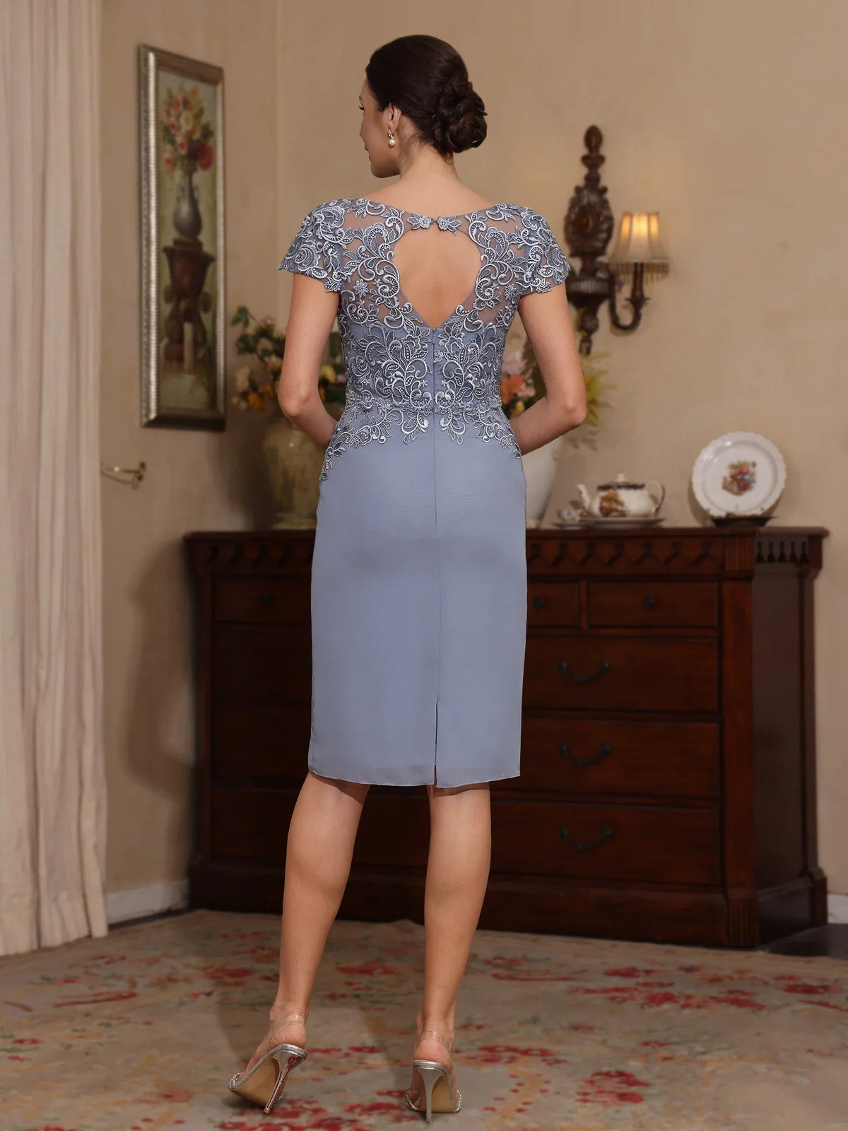 Dusty blue chiffon back view, floral lace panel and open back detail, knee length