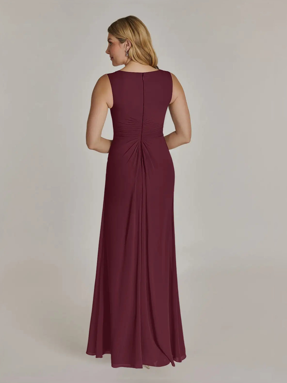 Cabernet sleeveless chiffon maxi dress with V-back, draped waist, and layered ruffle hem