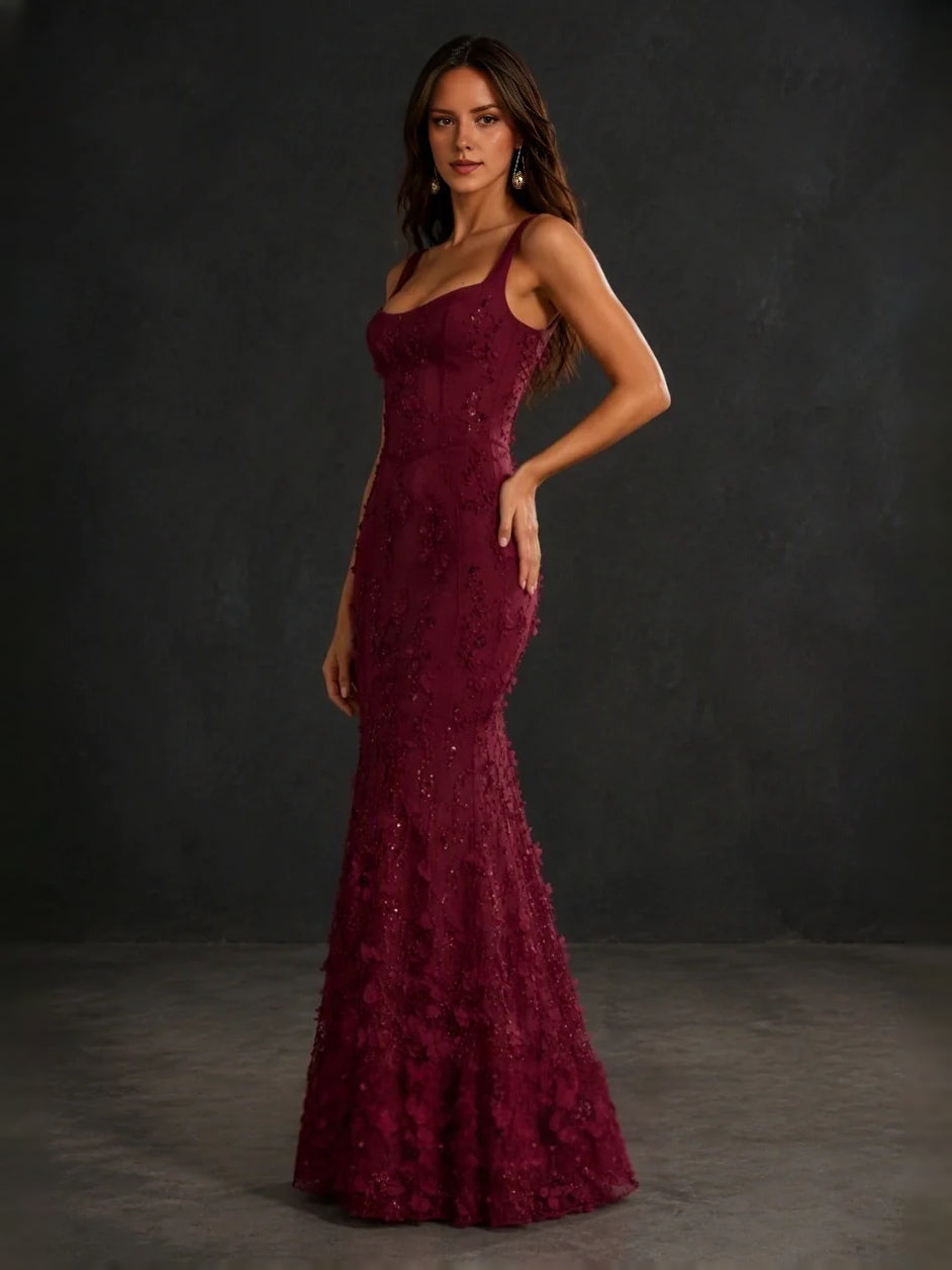 Burgundy corset-style mermaid prom dress with square neckline and floral lace appliques