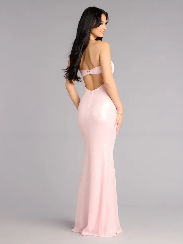 Pink sequined mermaid formal dress with open back and thin shoulder straps