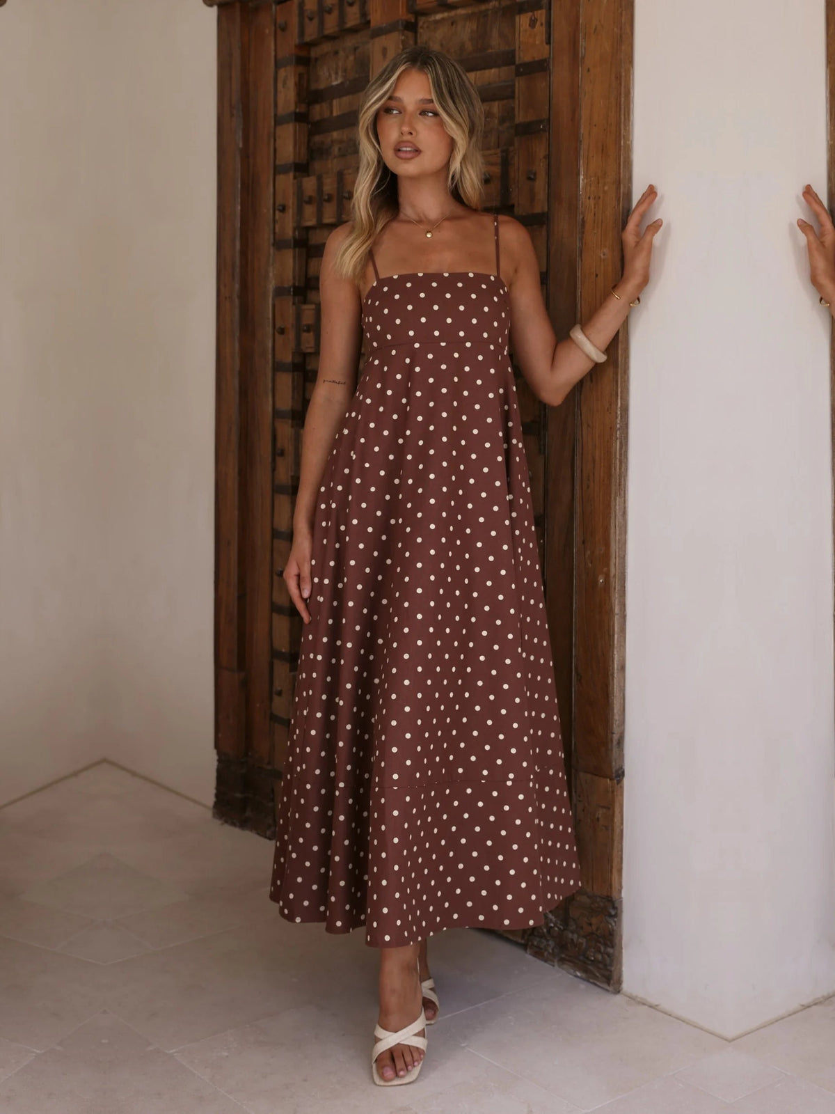 Chocolate Cream Polka Dot a-line maxi formal dress with printed pattern, alternate view showing the waist