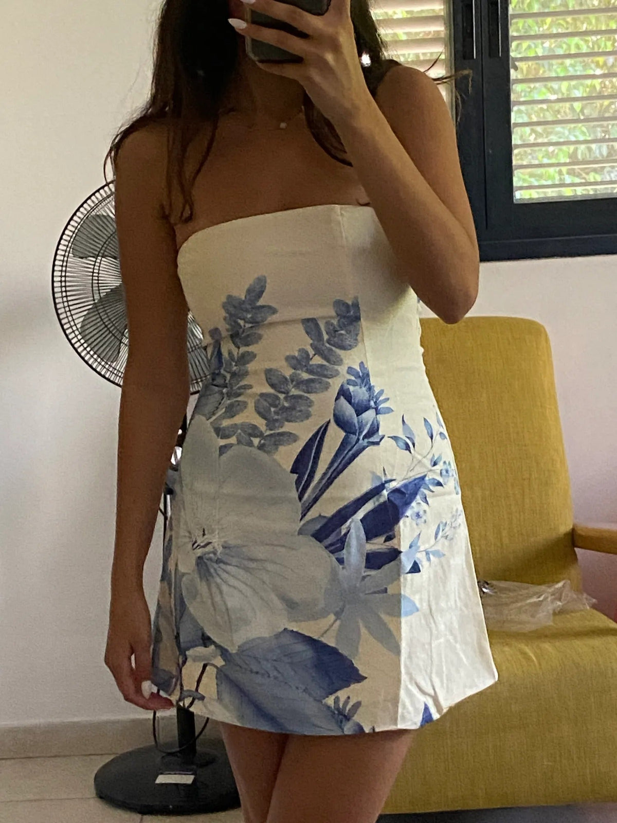 Blue floral strapless mini homecoming dress, fitted bodice with layered skirt