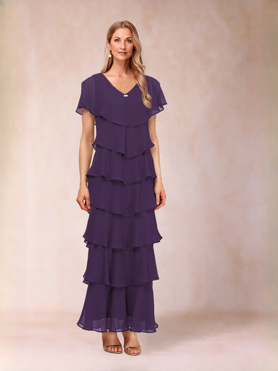Tiered ruffled V-neck A-line maxi chiffon dress, deep purple
