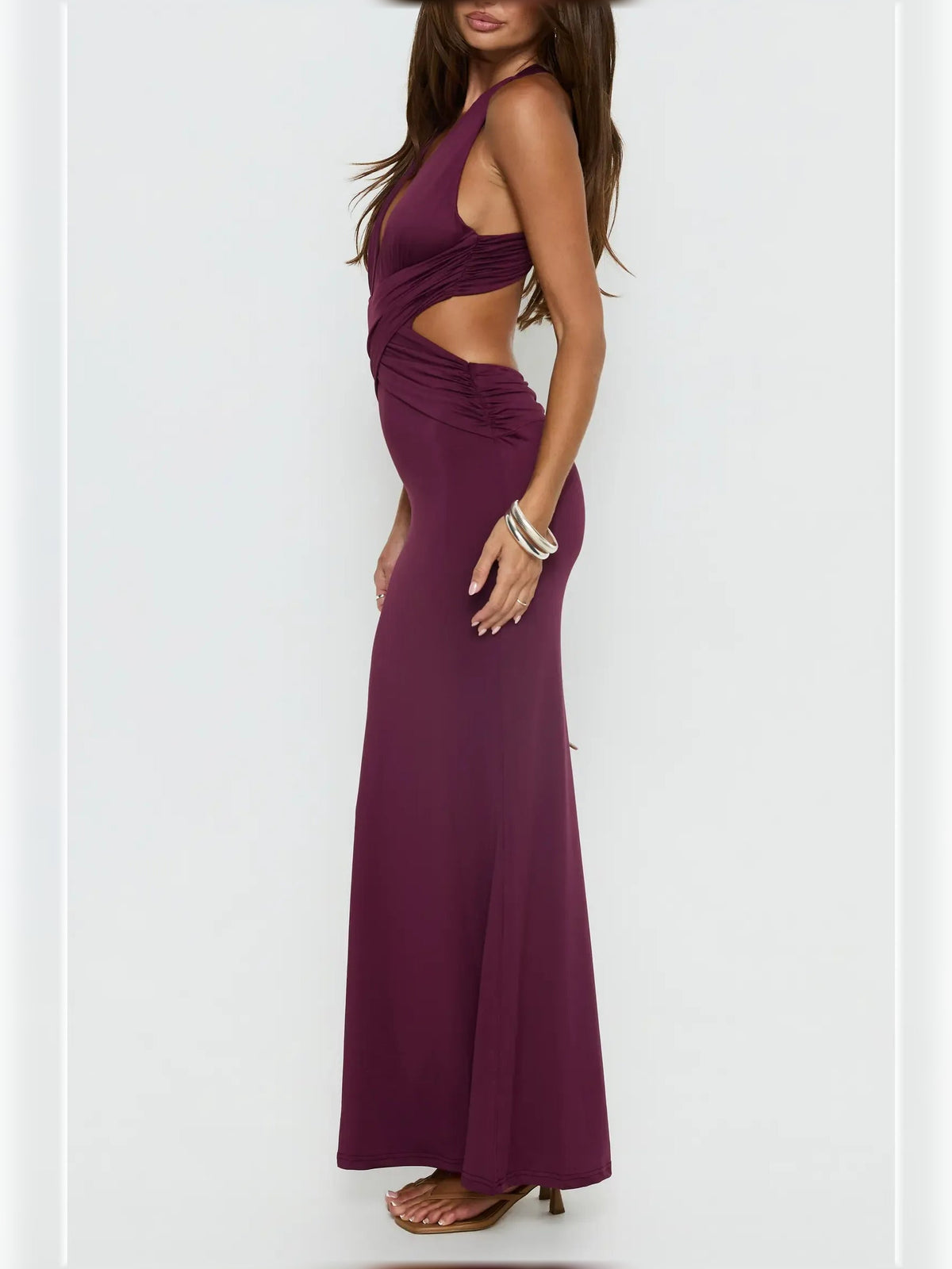 Purple halter formal maxi dress with draped ruching at waist