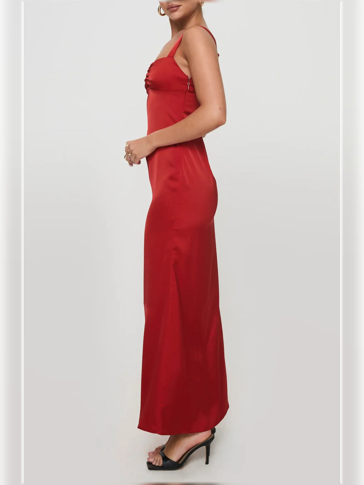 Red square-neck ruched slip midi dress with spaghetti straps, side view