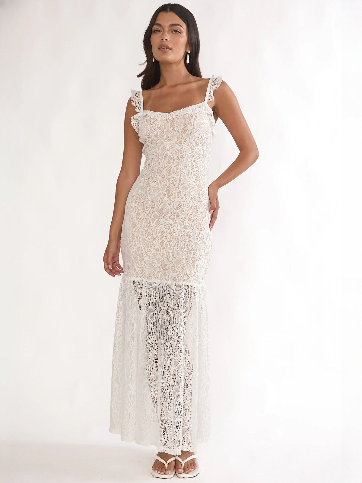 White sheath maxi formal dress with square neckline, alternate full-length view showing the waist