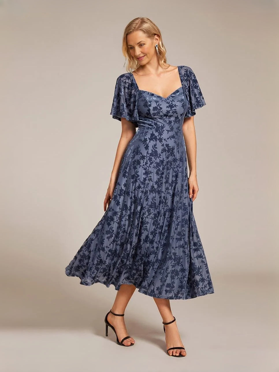 Navy blue sweetheart A-line midi dress with short puff sleeves and flared skirt