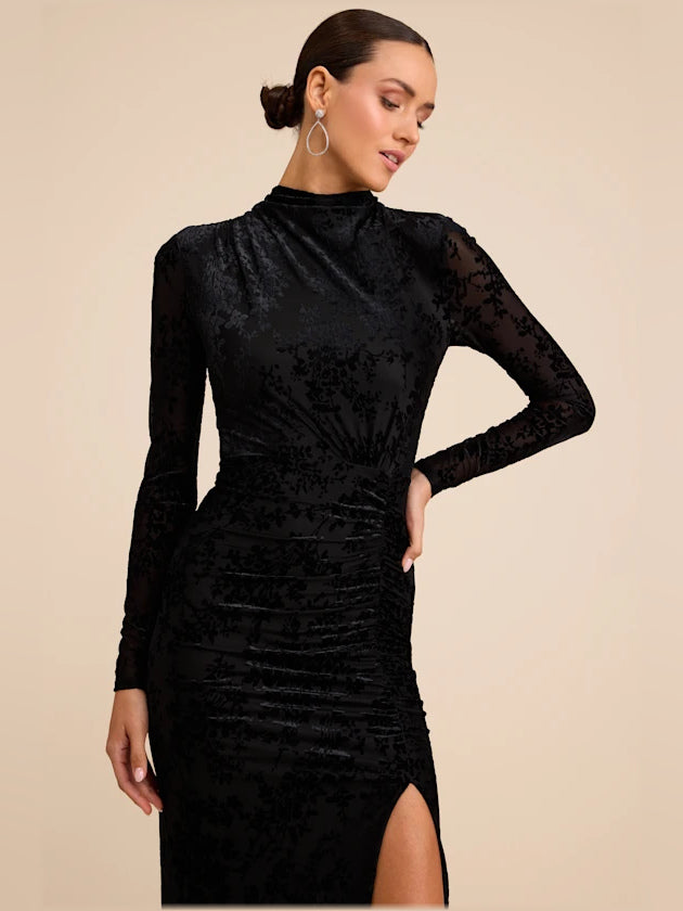 Black sheath maxi formal dress with skirt slit, alternate view showing the waist