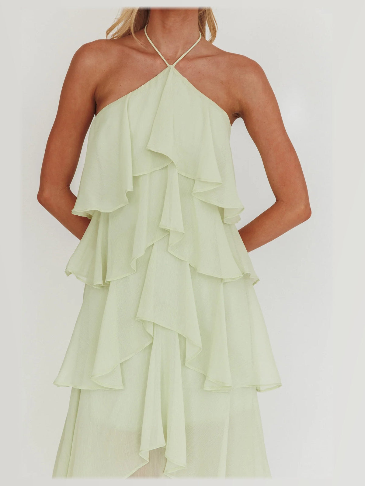 Sage formal dress with tiered detailing