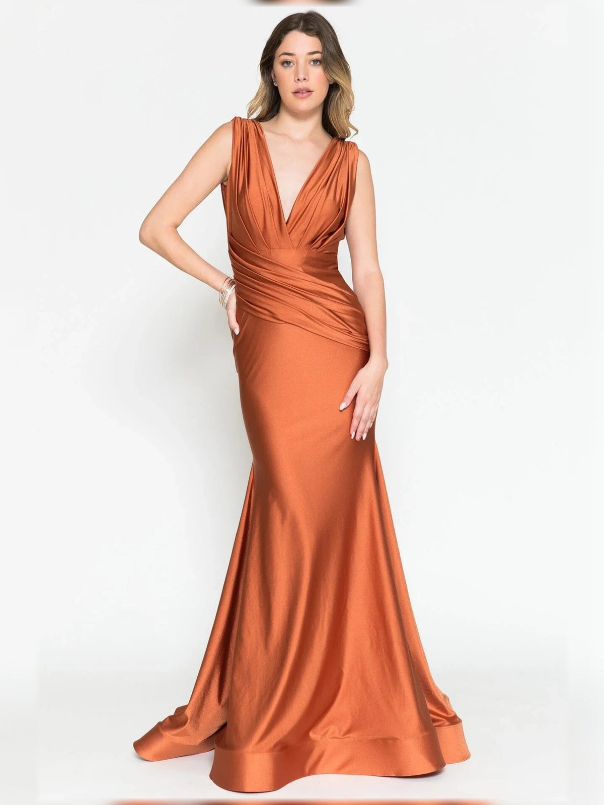 Burnt orange V-neck sleeveless mermaid formal dress with ruched waist