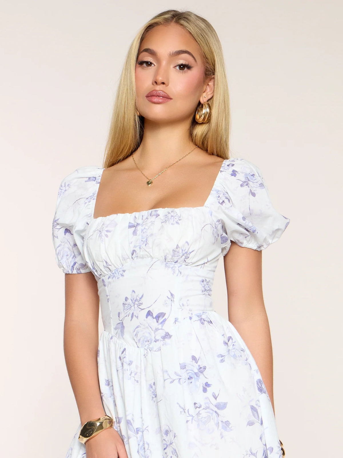 Floral midi formal dress close-up with square neckline and puff sleeves