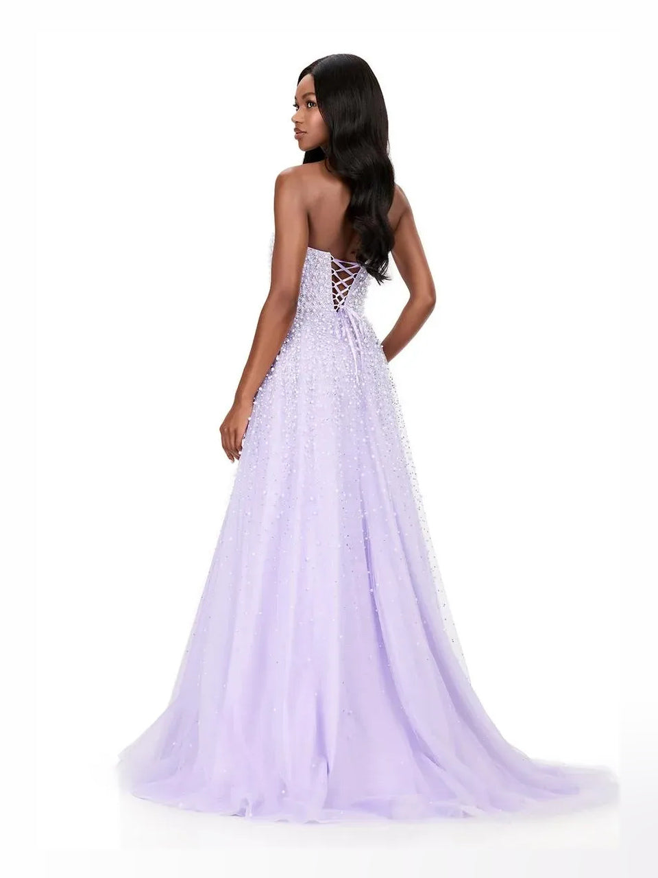 Lilac beaded sweetheart corset A-line tulle prom dress, floor-length, open back lacing