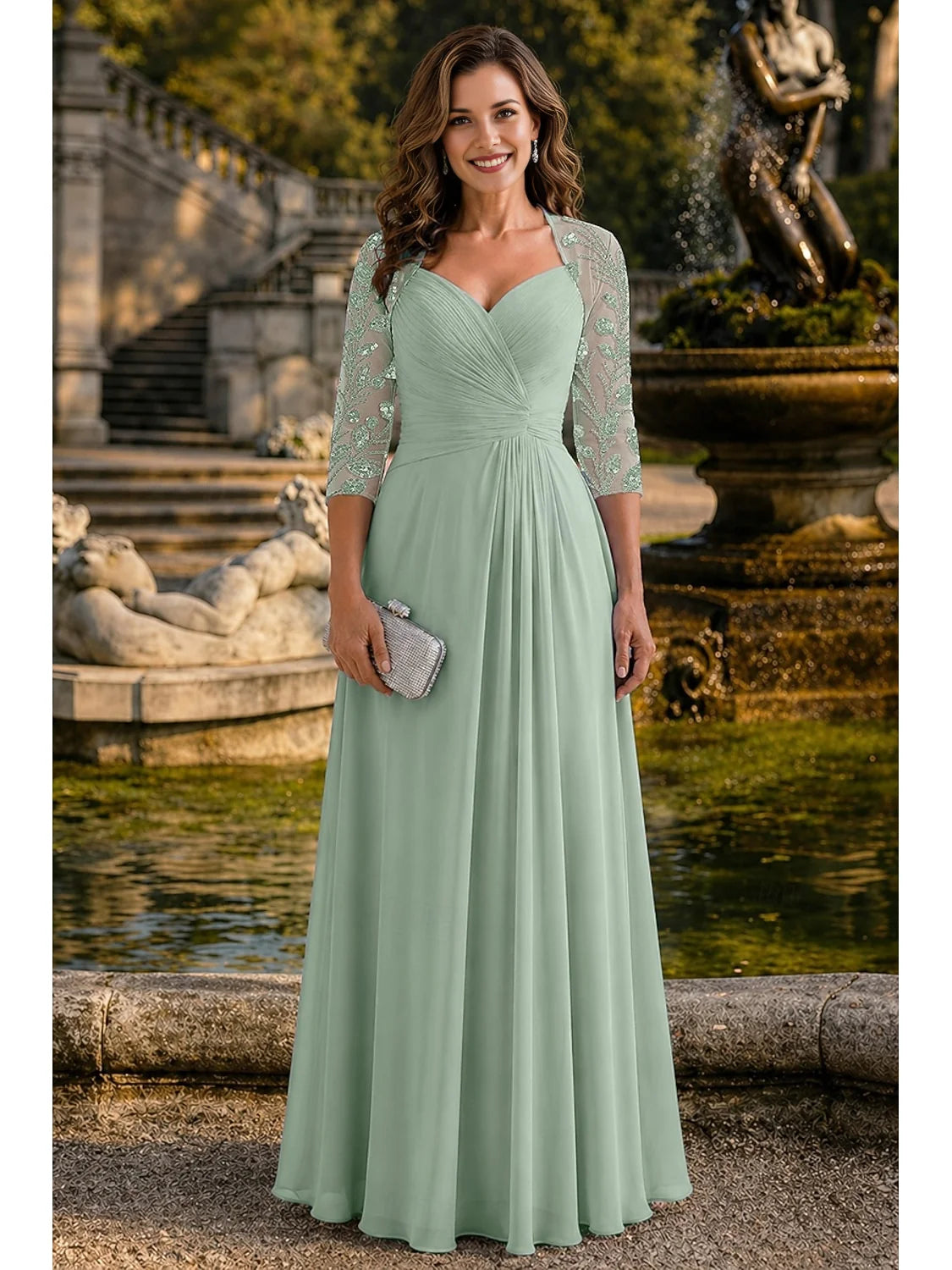 Dusty sage chiffon A-line dress with sweetheart neckline, ruched bodice, beaded lace sleeves