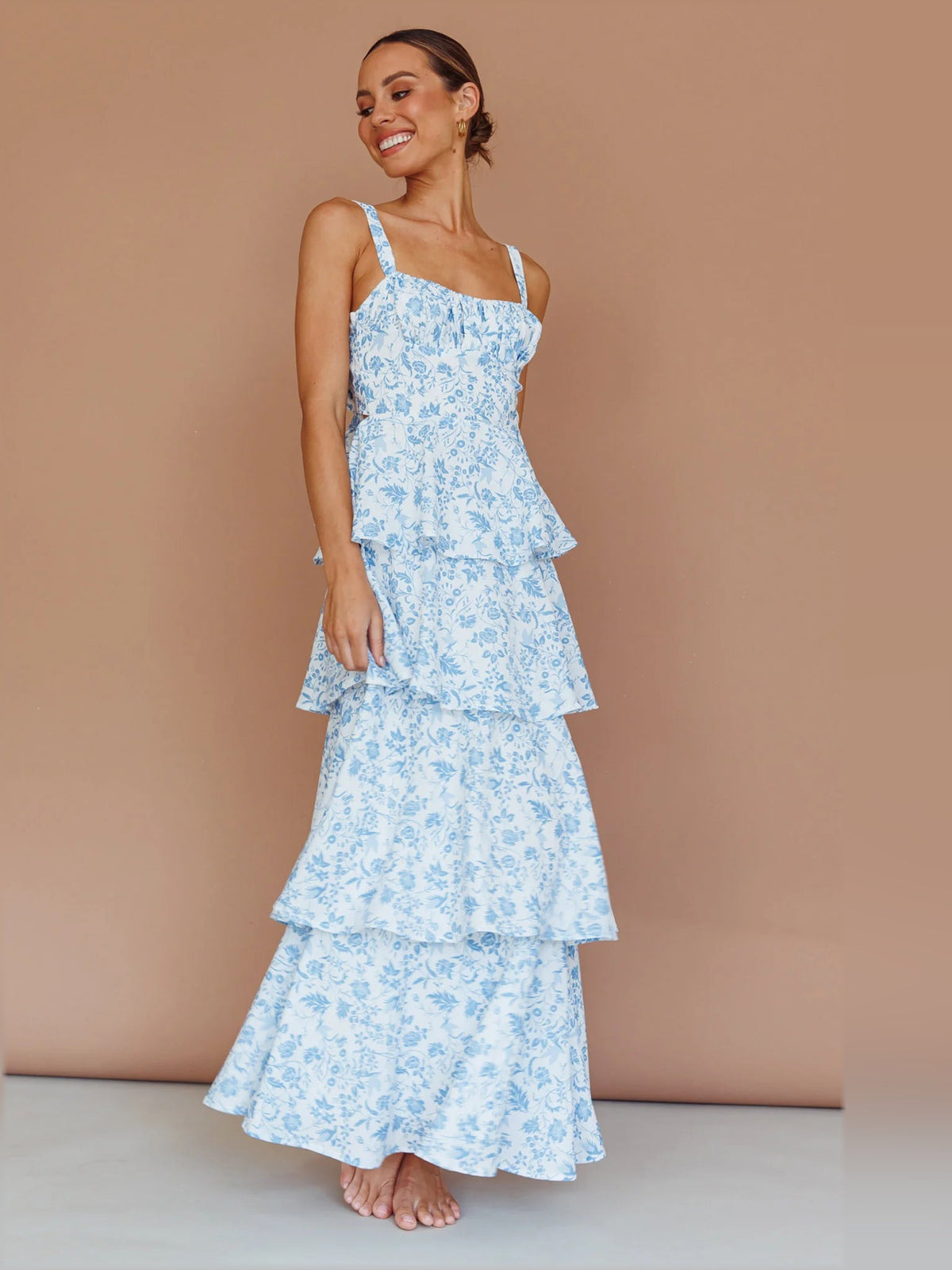 Blue floral tiered midi dress with square neckline and layered tiers