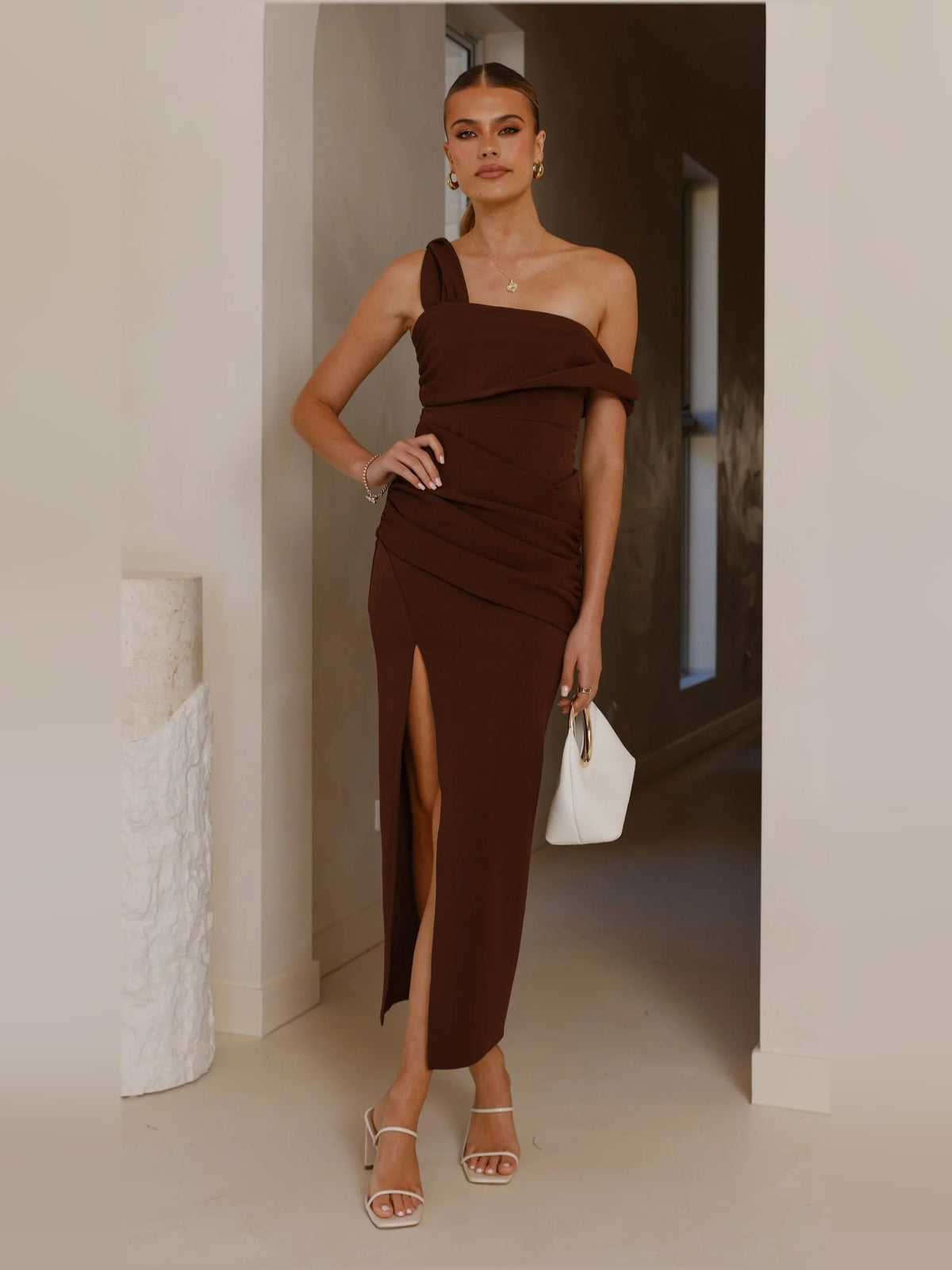 Chocolate sheath maxi formal dress with skirt slit, alternate view showing the waist