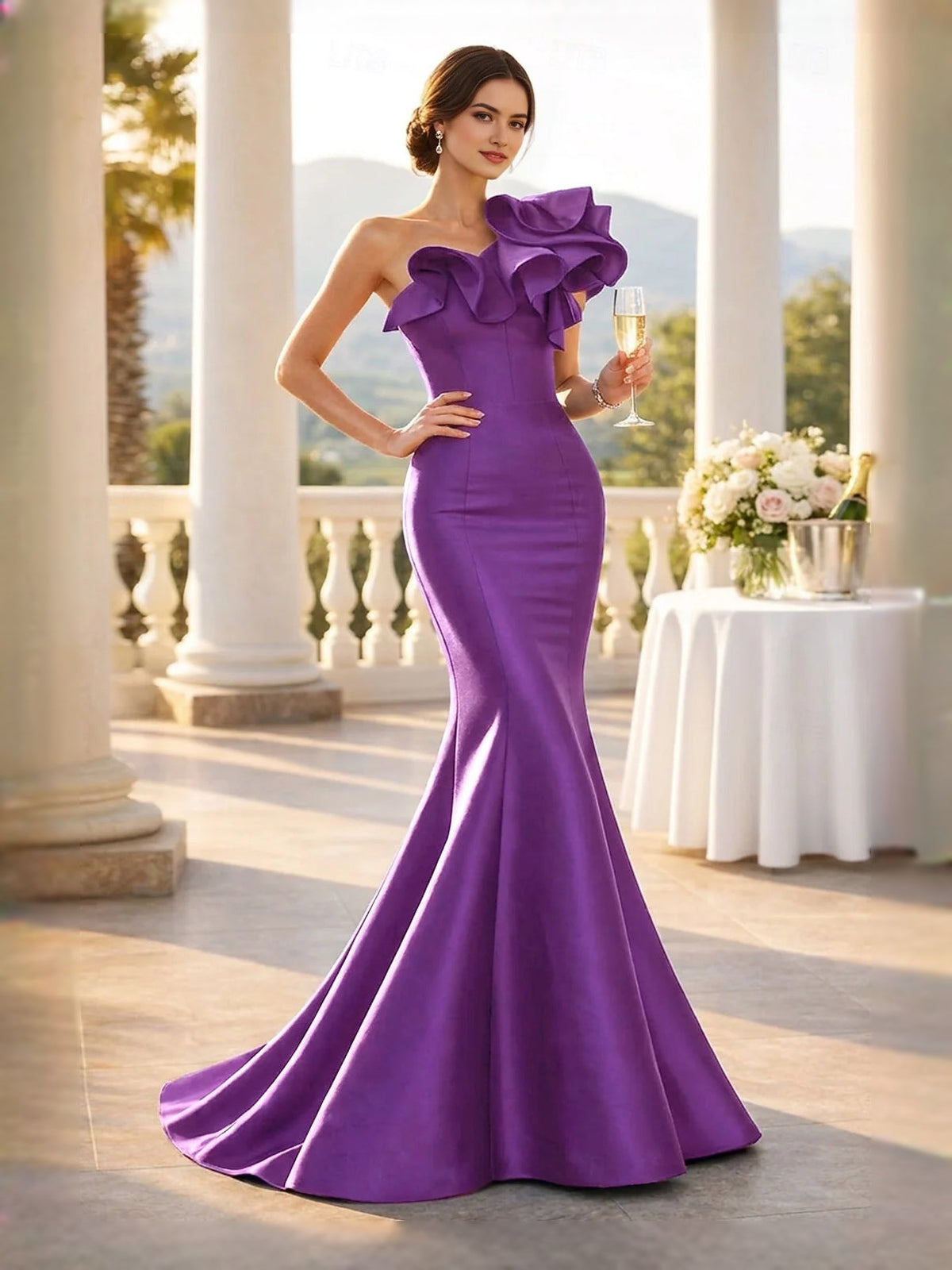 One-shoulder mermaid prom dress in purple satin with layered ruffle shoulder