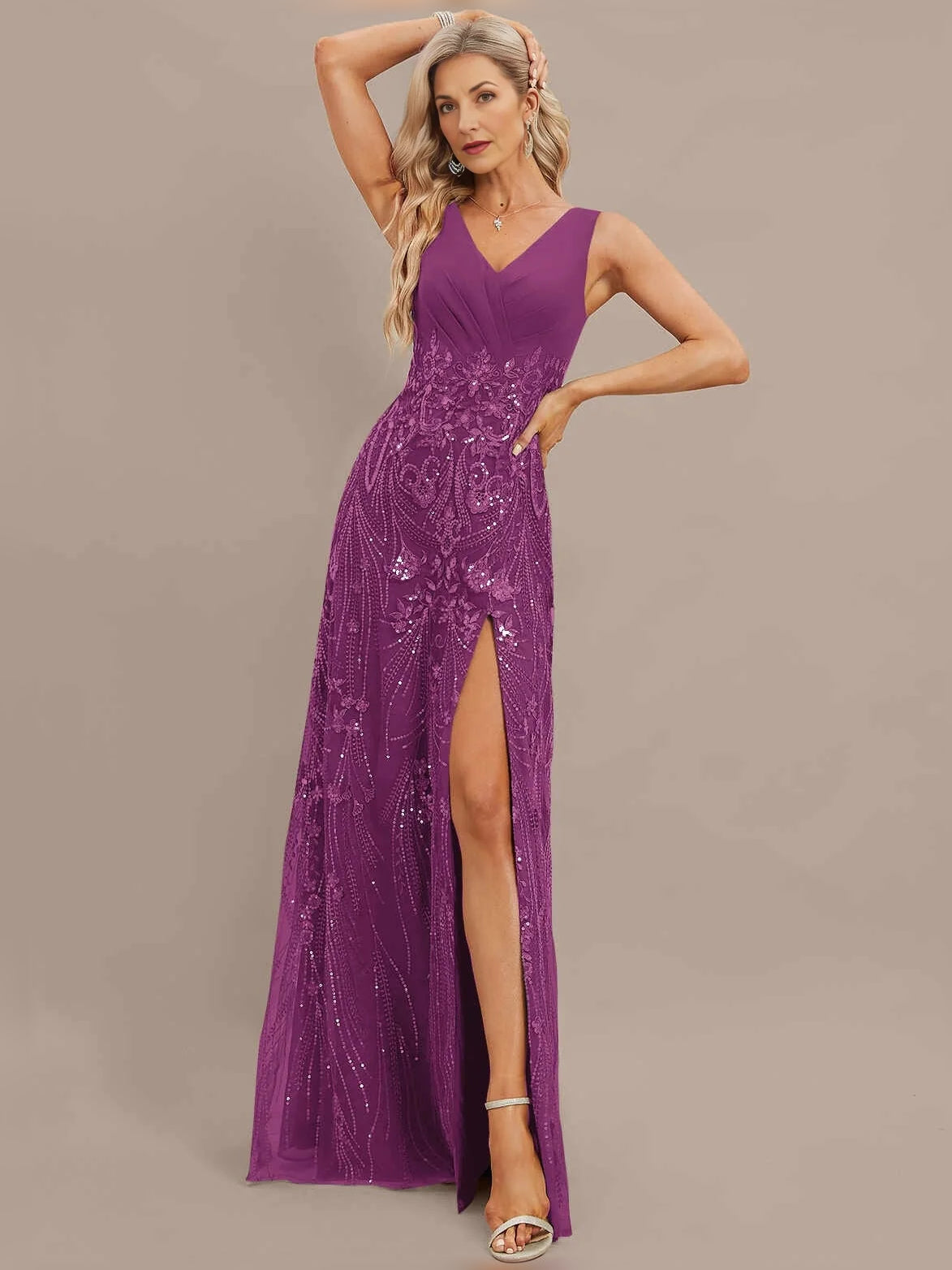 Eggplant purple sleeveless V-neck beaded tulle A-line maxi dress with thigh slit