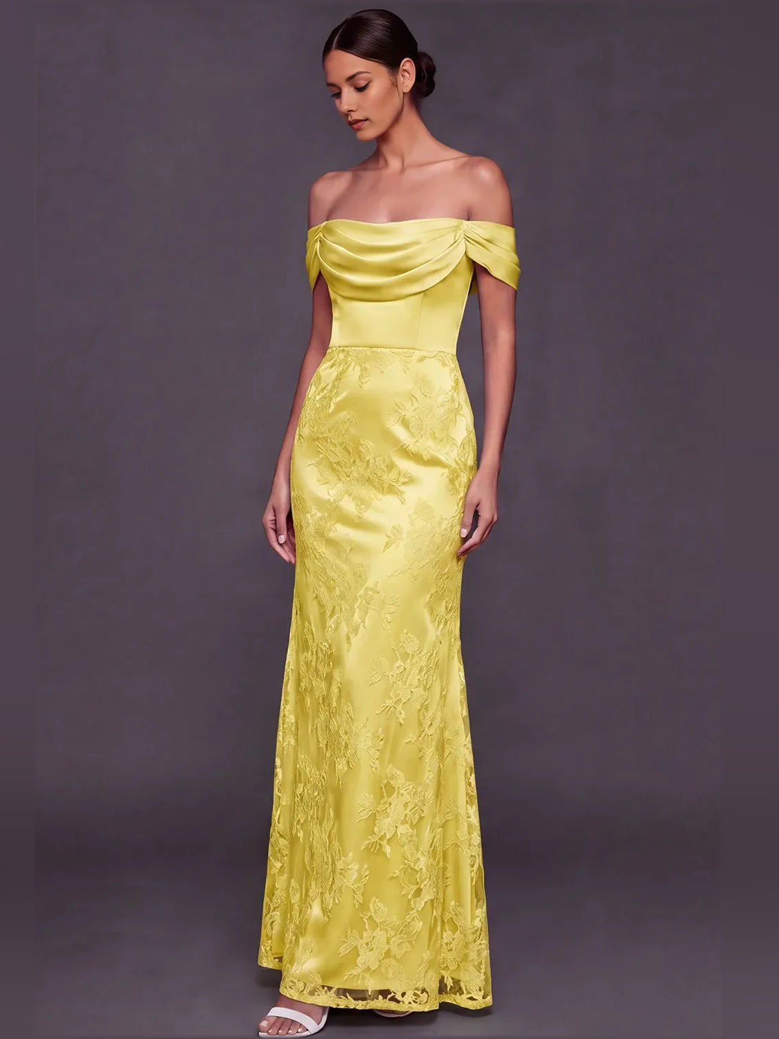Yellow off-shoulder mermaid satin dress with draped neckline and long floral lace overlay
