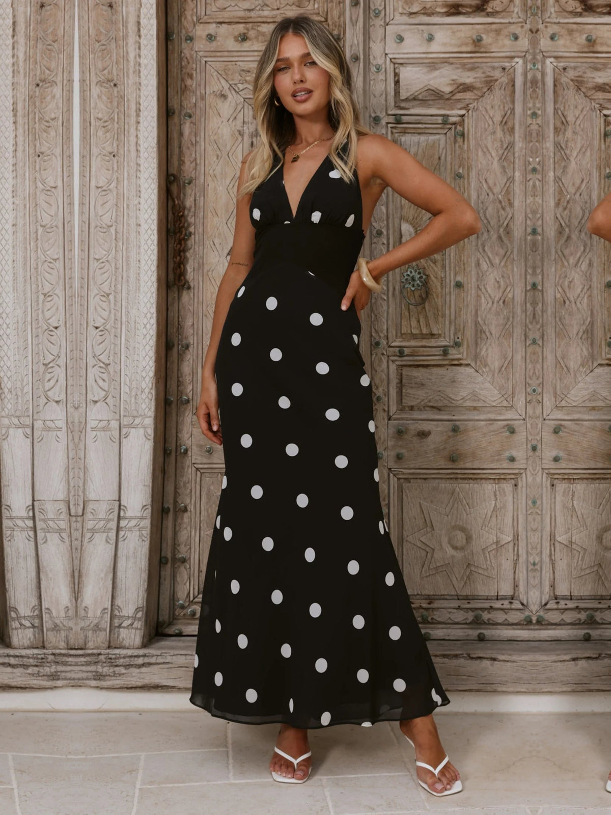 Black White Polka Dot a-line maxi formal dress with printed pattern, alternate view showing the waist