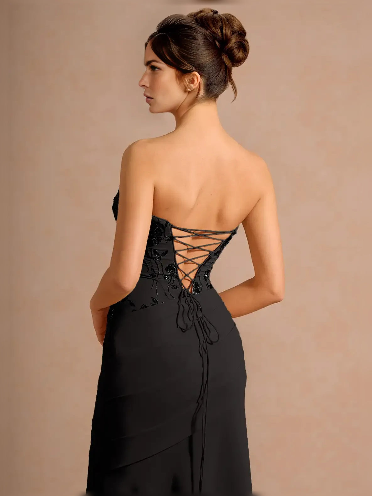 Cowl neck midi formal dress with ruching and slit, black open-back lace-up