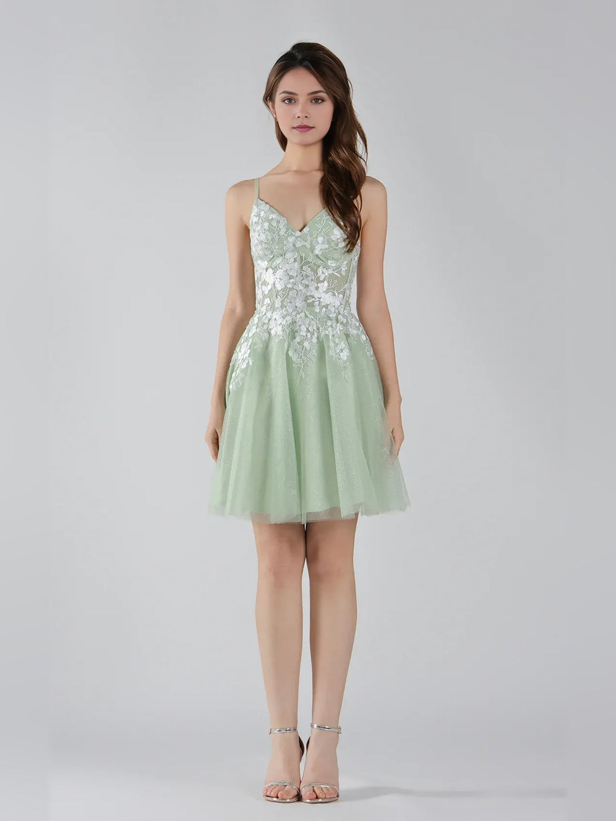 Sage green floral applique V-neck corset A-line tulle mini dress