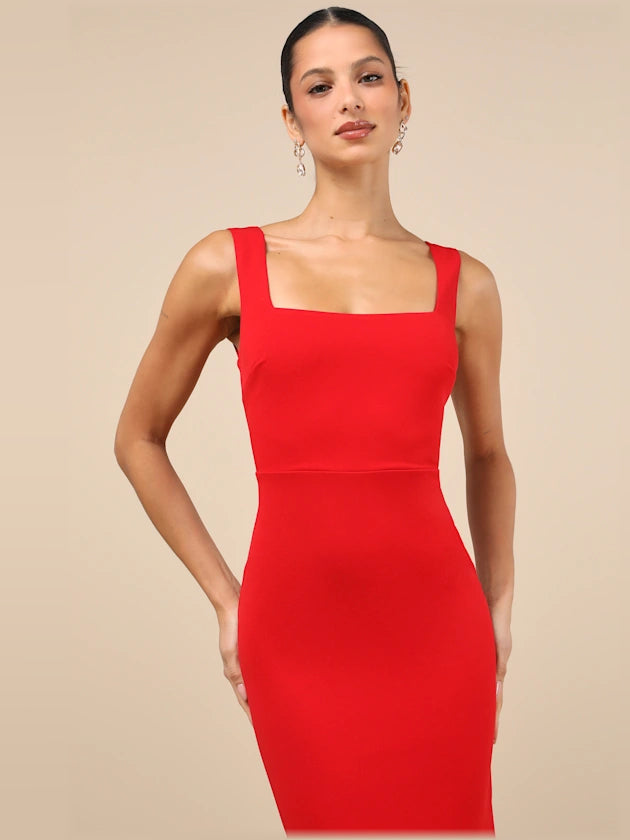 Red square-neck sleeveless trumpet midi dress with fitted bodice