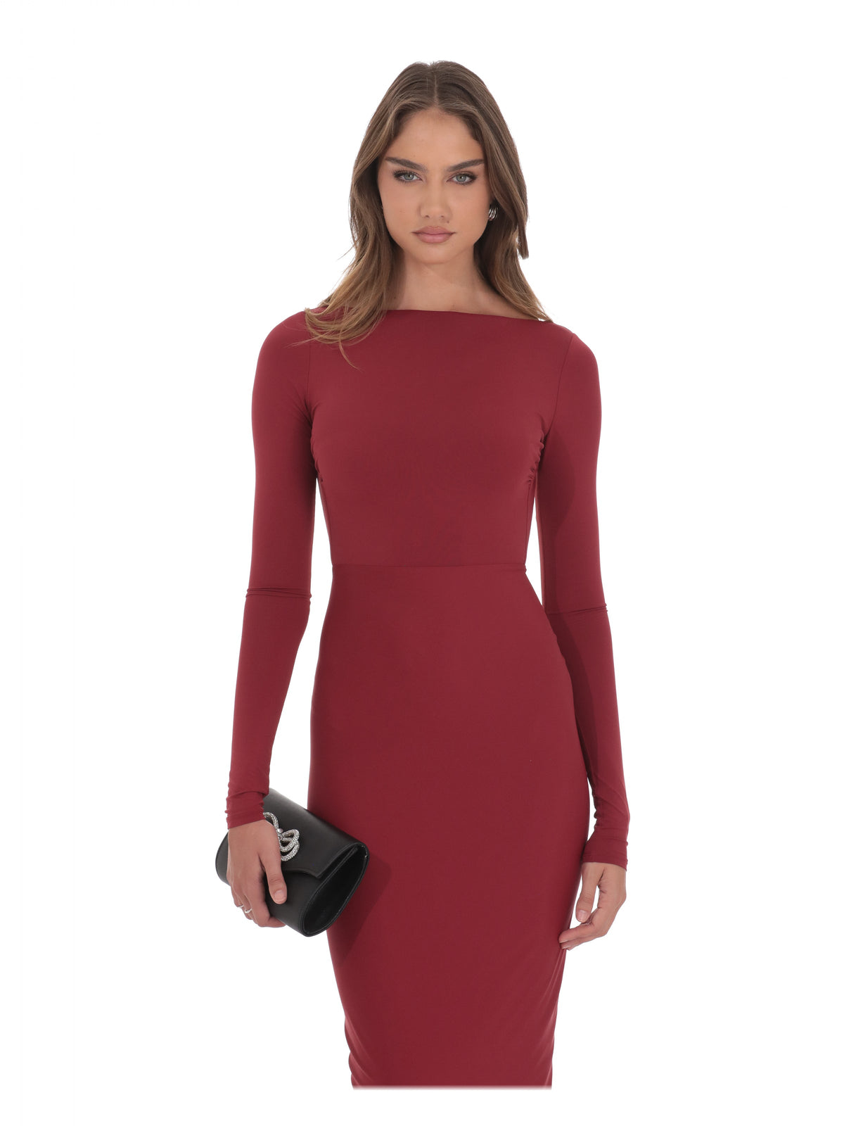 Maroon bridesmaid dress with bodycon detailing
