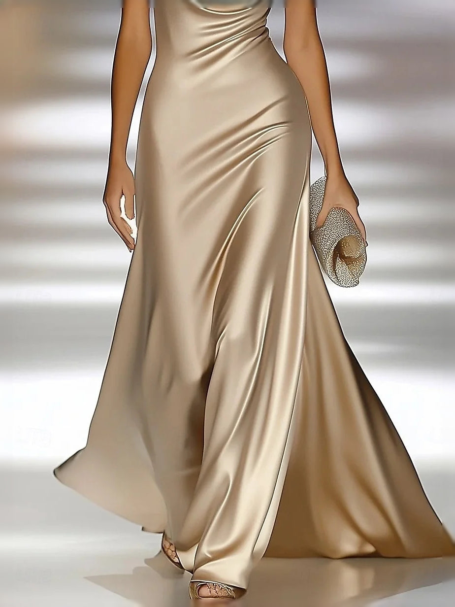Champagne satin mermaid prom dress with draped V-neck and side-seam flare