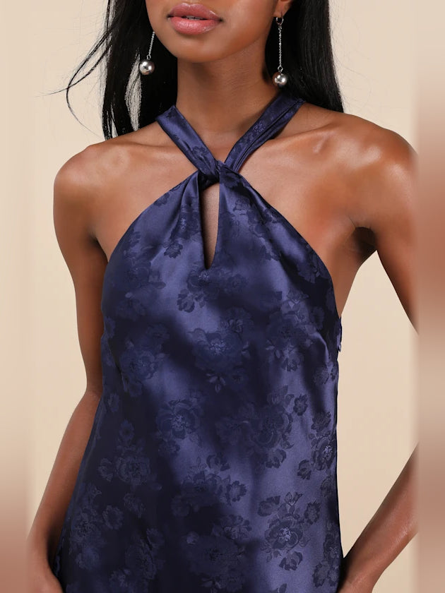 Dark blue halter neck satin dress with bow-tie and keyhole neckline