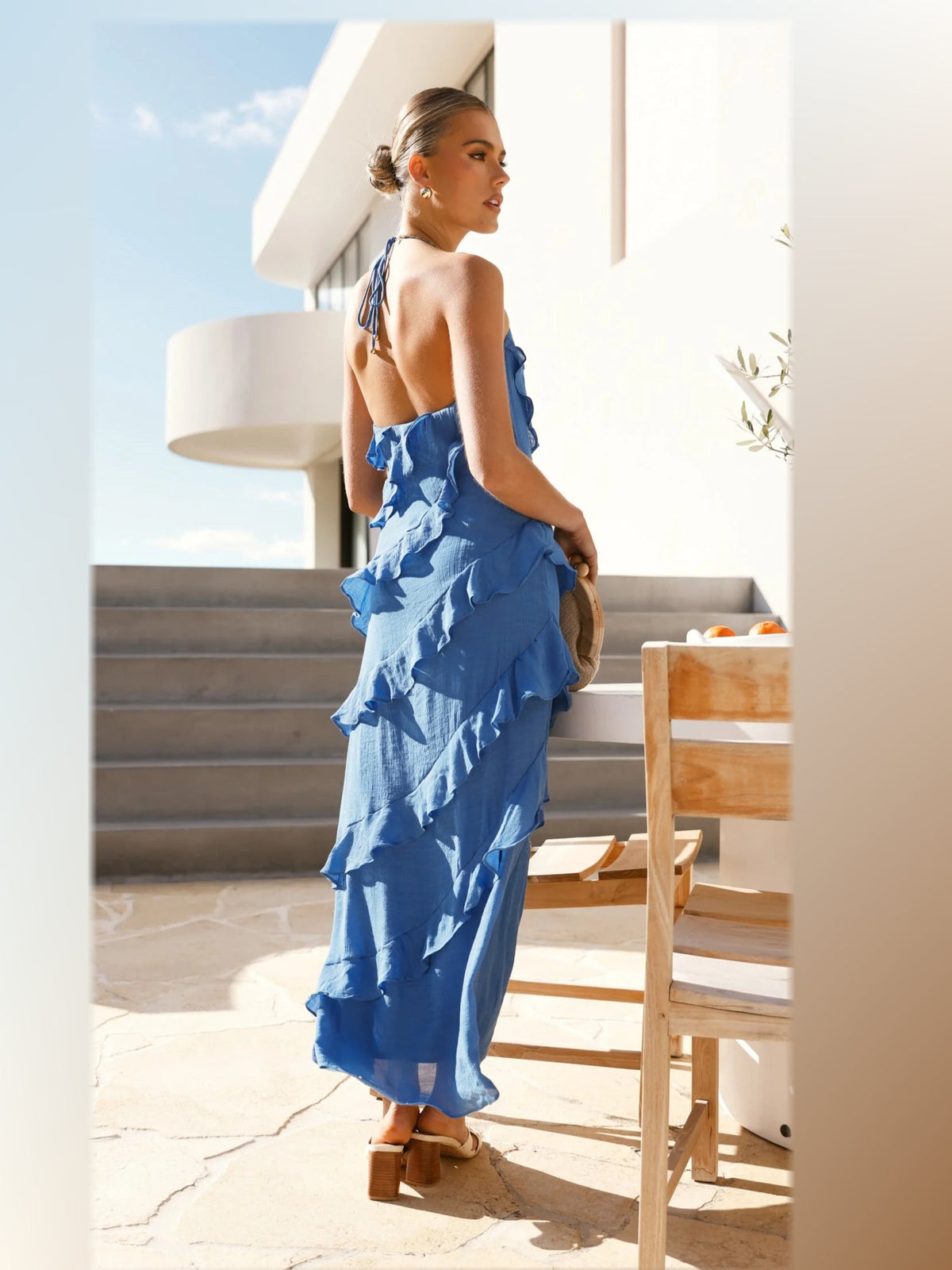 Blue formal dress with a-line detailing