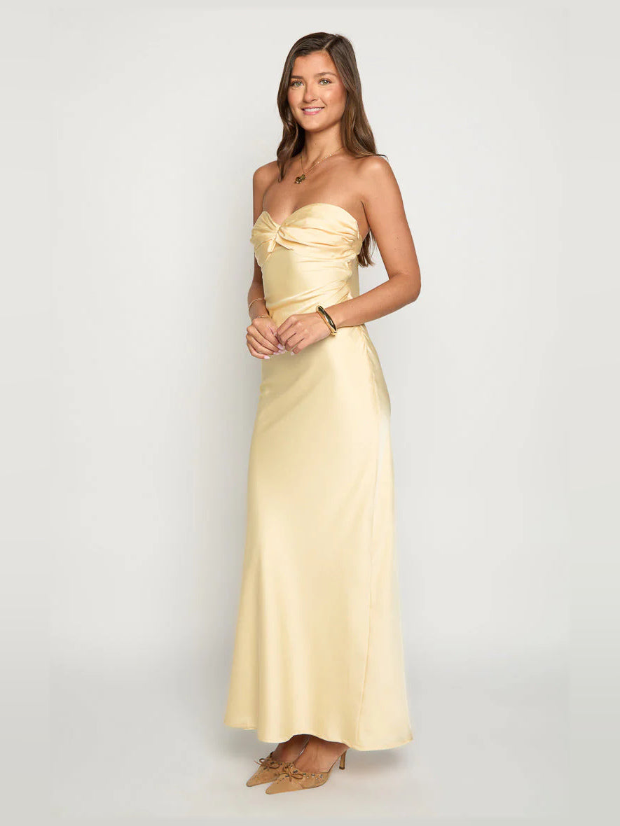 Yellow sheath maxi formal dress with ruching, alternate full-length view showing the waist