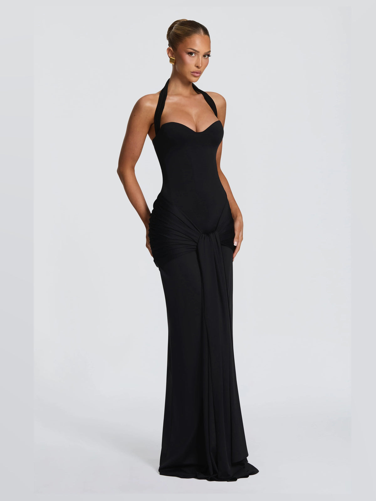 Black formal dress with a-line detailing