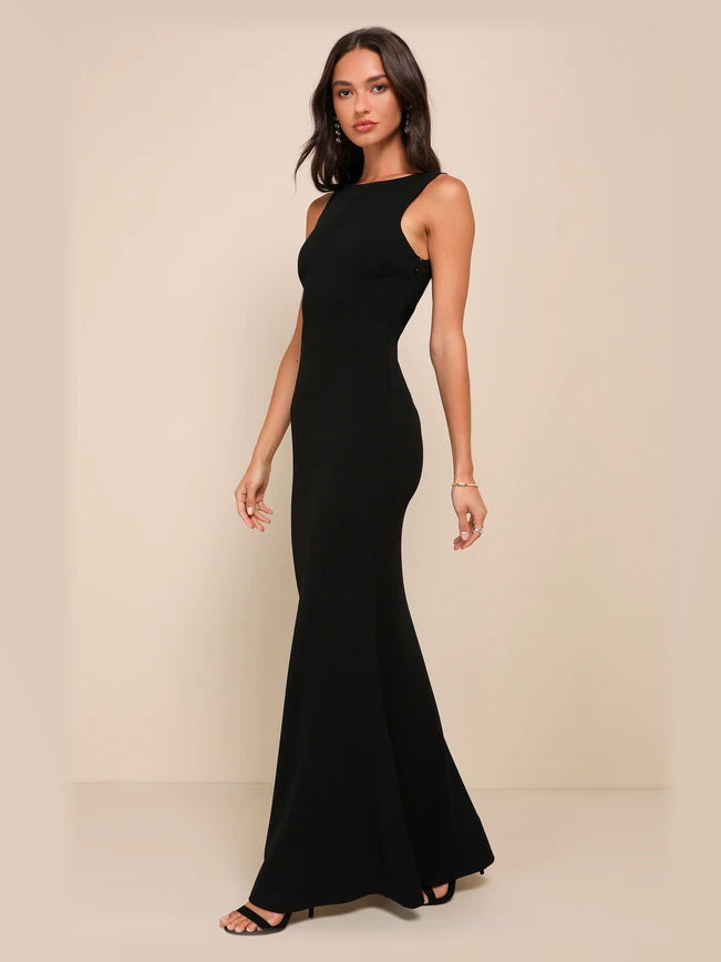 Black maxi formal dress, alternate full-length view showing the skirt