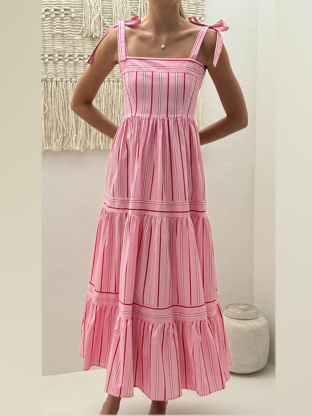 Pink midi formal dress, alternate full-length view showing the skirt
