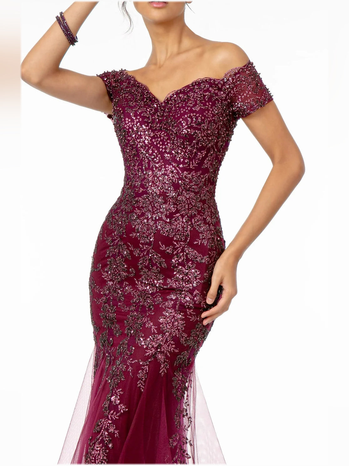 Wine off-shoulder corset-style beaded mermaid prom dress with sheer tulle overlay