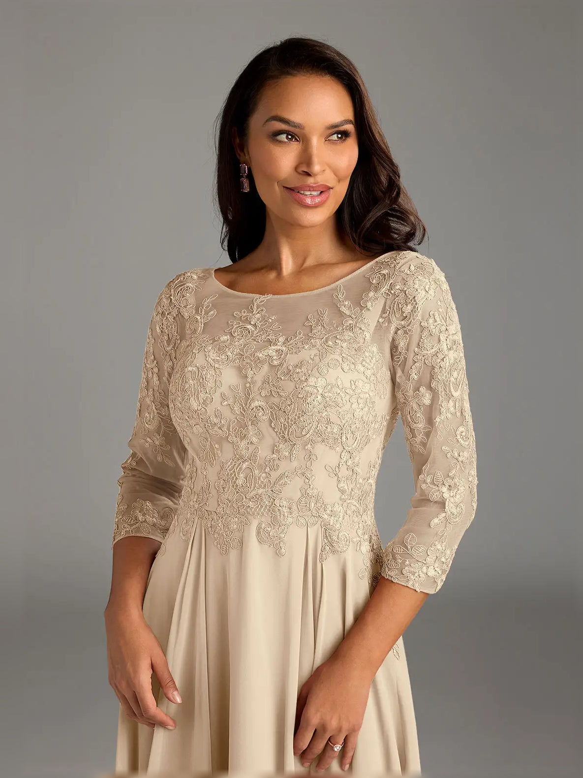 Women’s champagne midi chiffon dress with lace floral embroidery and three-quarter sleeves