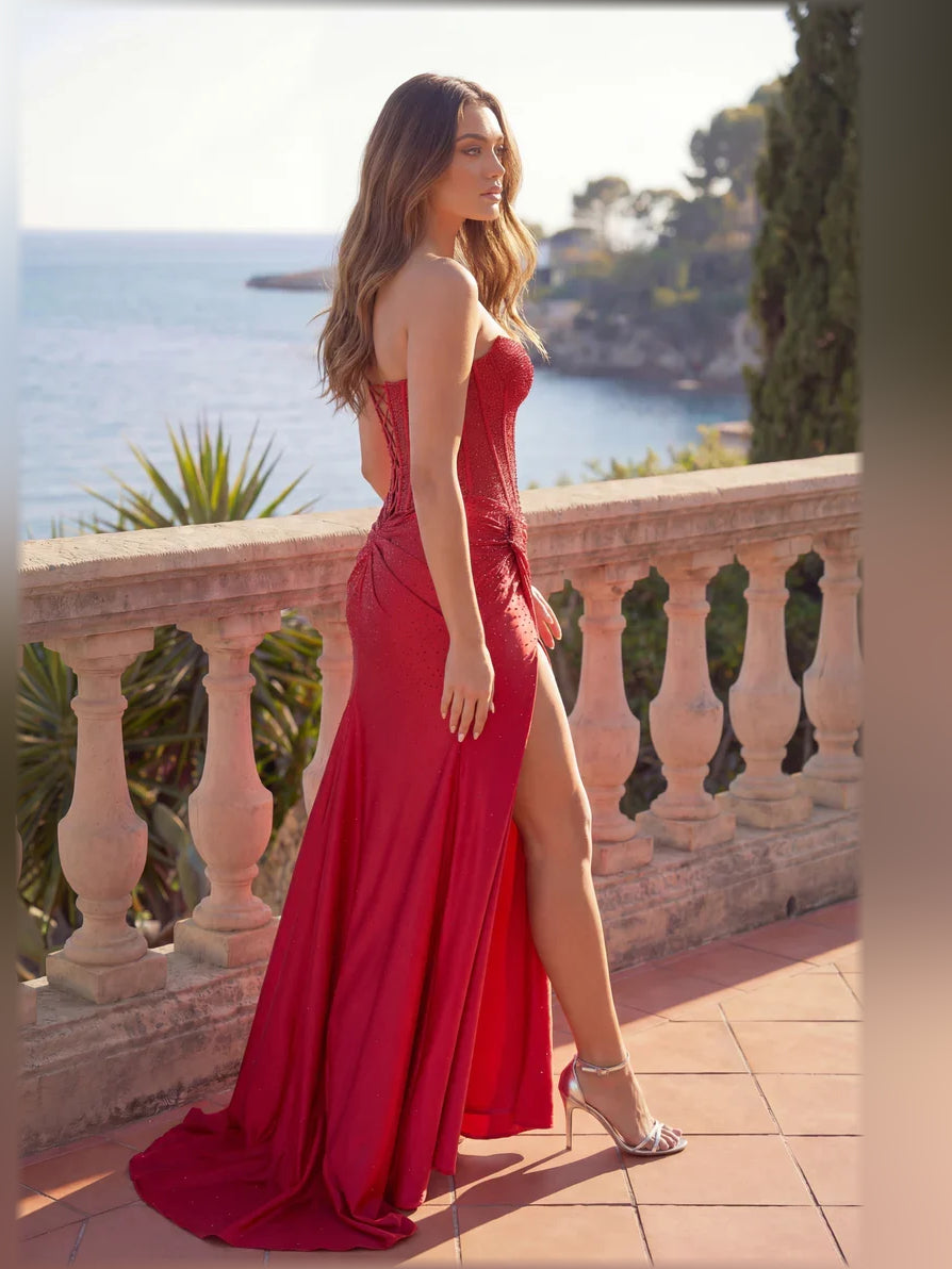 Red off-shoulder corset formal dress with side slit and fitted ruched bodice