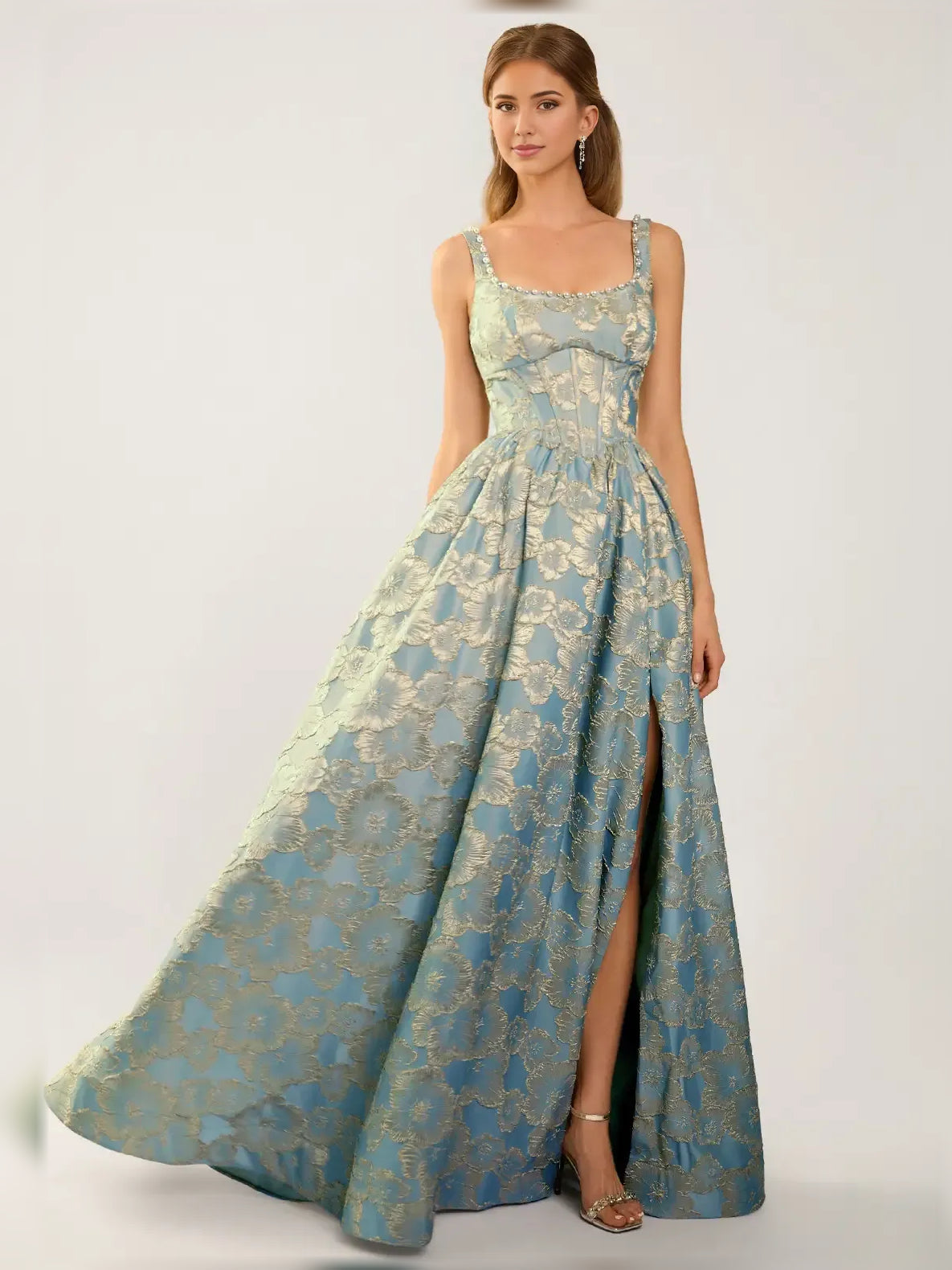Floral print scoop neck corset formal gown with gathered waist and side slit, blue/gold