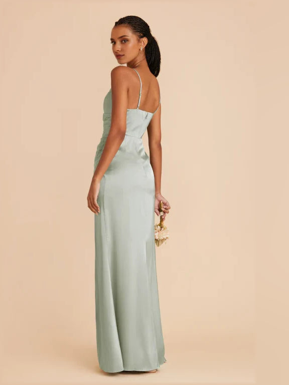 Mint green ruched cowl-neck maxi satin dress with side slit and spaghetti straps