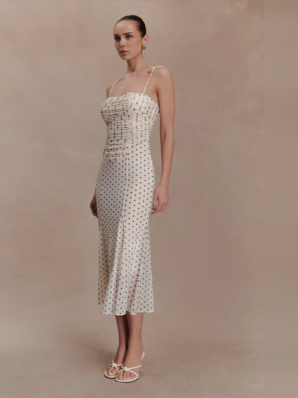 Polka-dot mesh midi formal dress with gathered bodice and thin shoulder straps