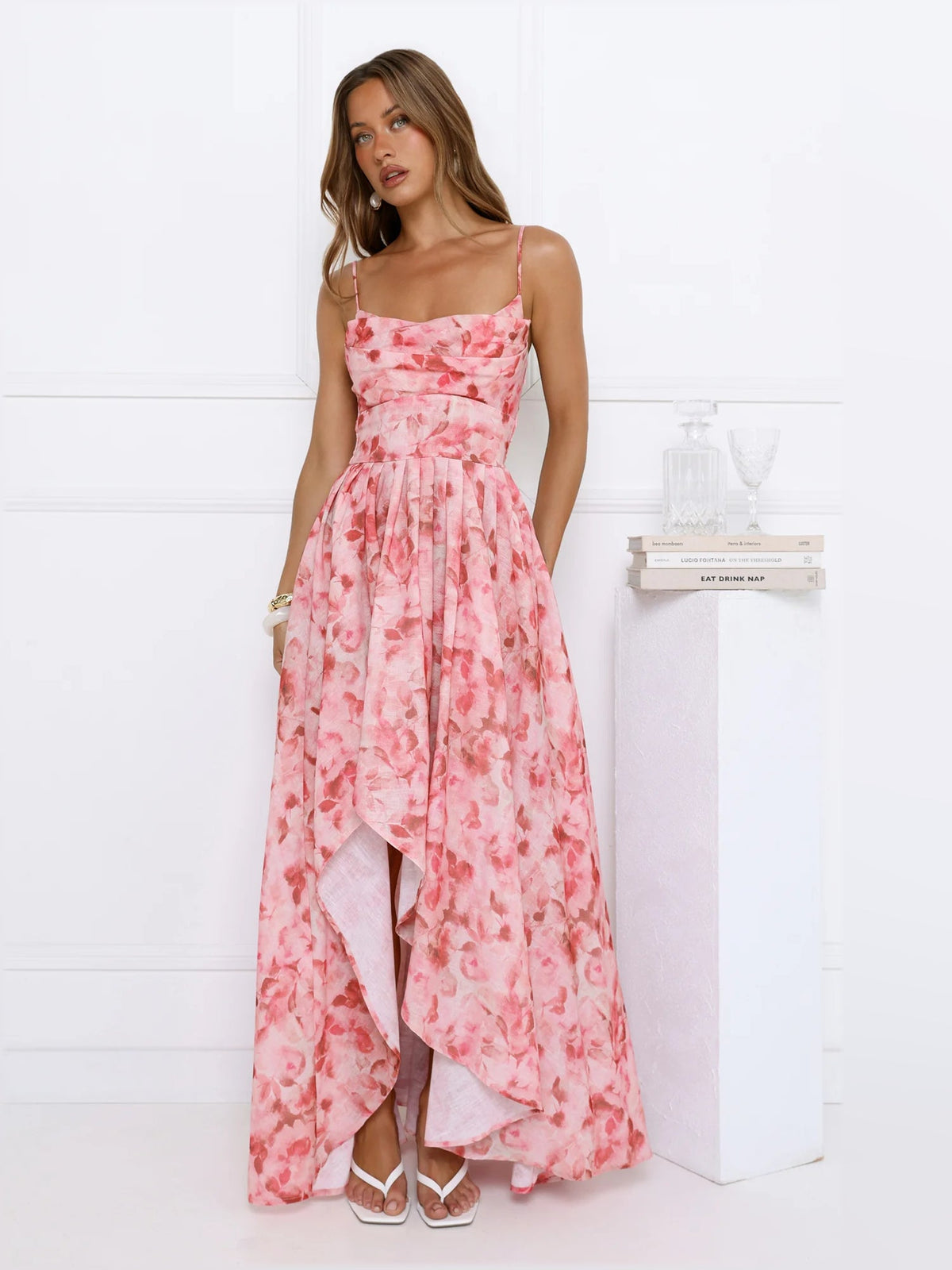 Pink floral midi formal dress with thin straps, ruched waist, and side-slit drape