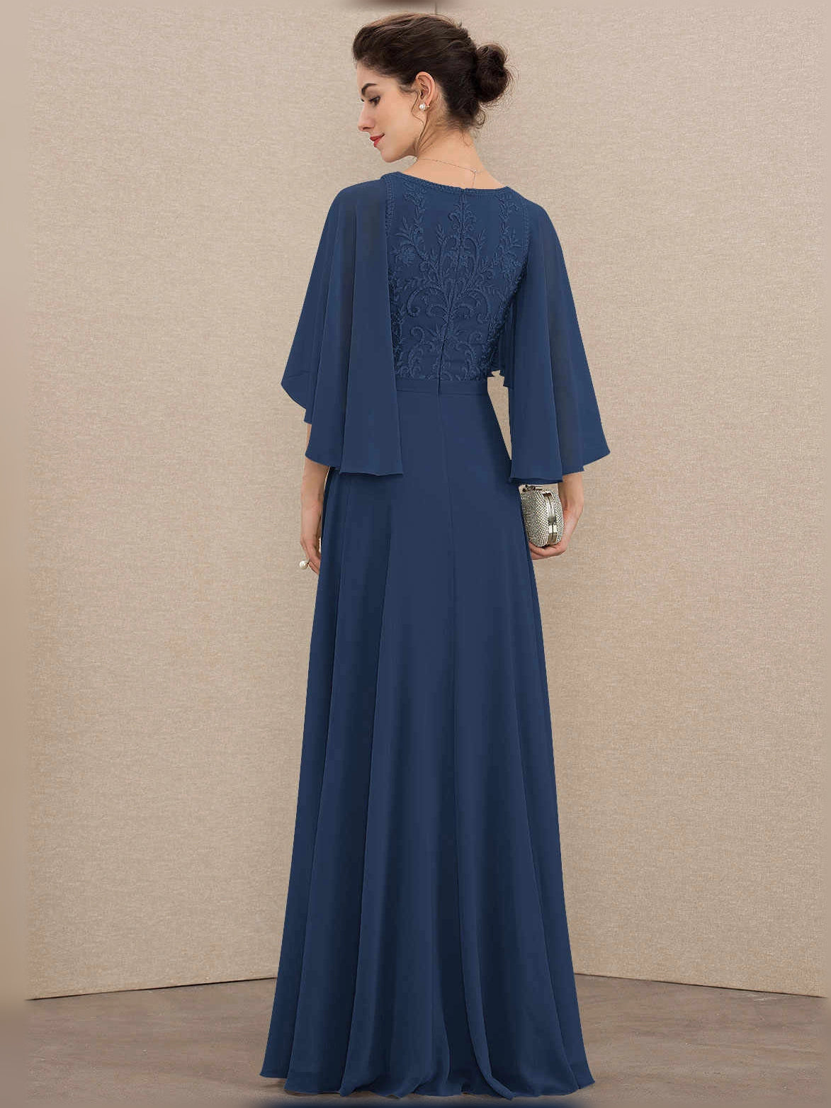 Embroidered V-neck A-line chiffon mother-of-the-bride dress in dark navy, back view