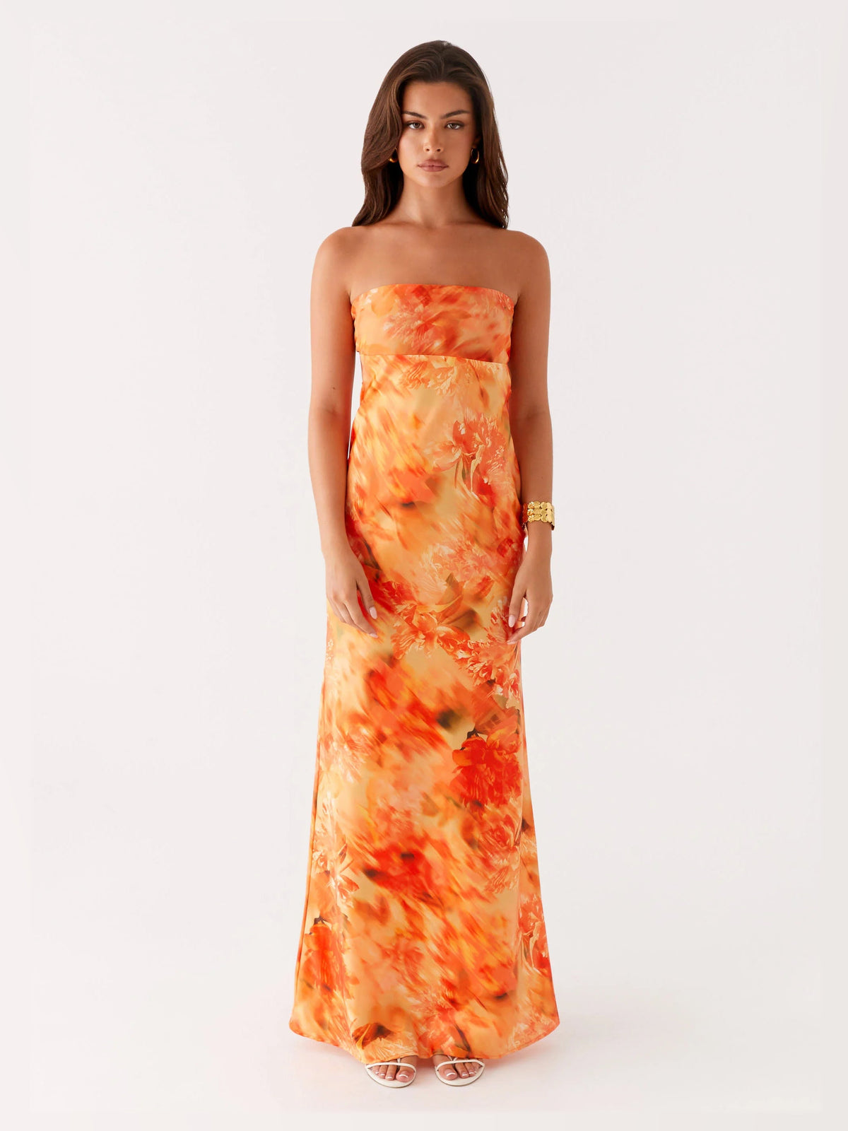 Orange Floral Print maxi formal dress, alternate full-length view showing the skirt