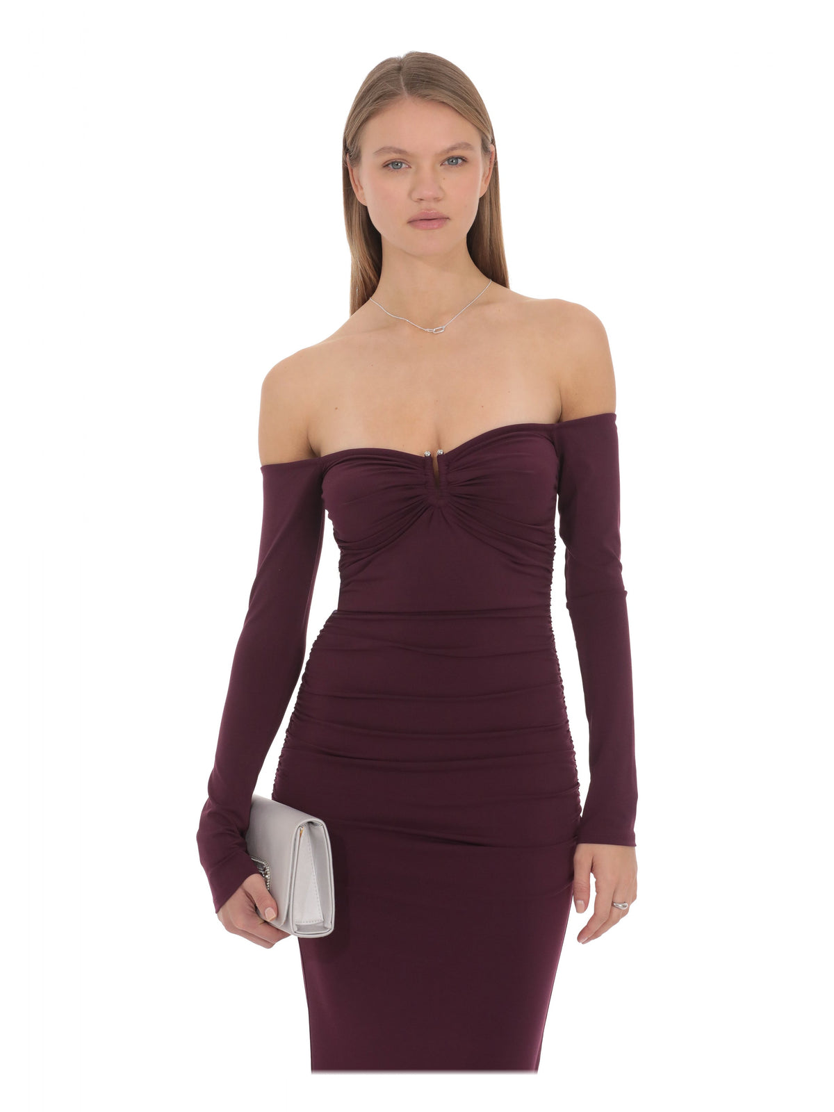 Burgundy bridesmaid dress with a-line detailing