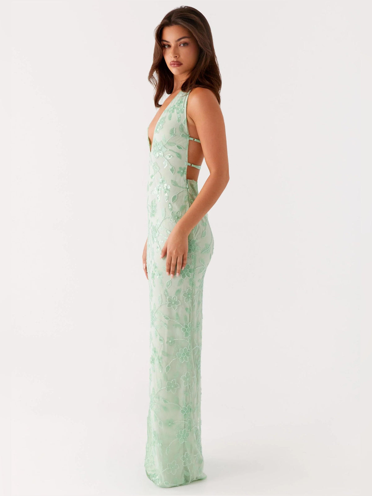Sage sheath maxi formal dress with beading, alternate full-length view