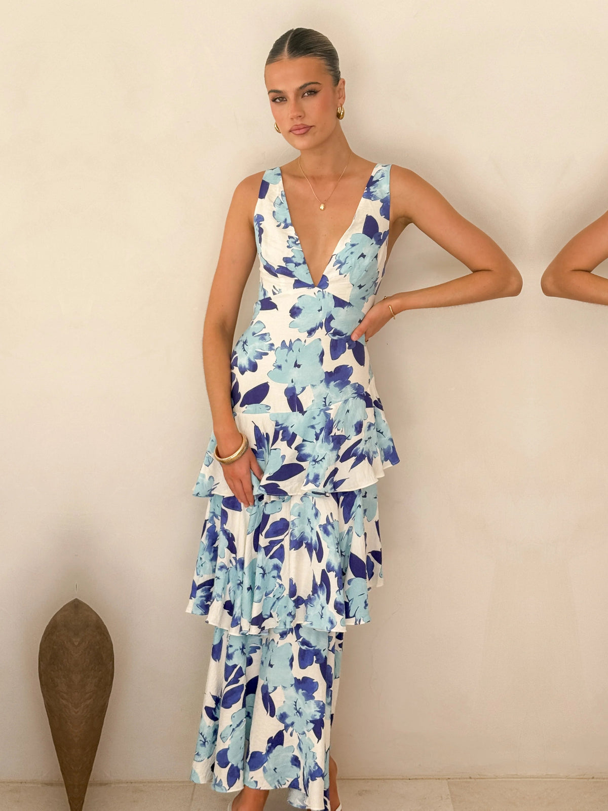 Blue Floral a-line maxi formal dress with ruffle details, alternate view