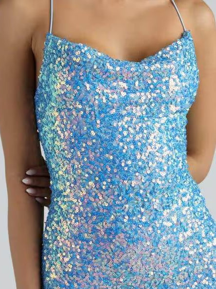 Blue sequin mini dress close-up, thin spaghetti straps and sweetheart neckline