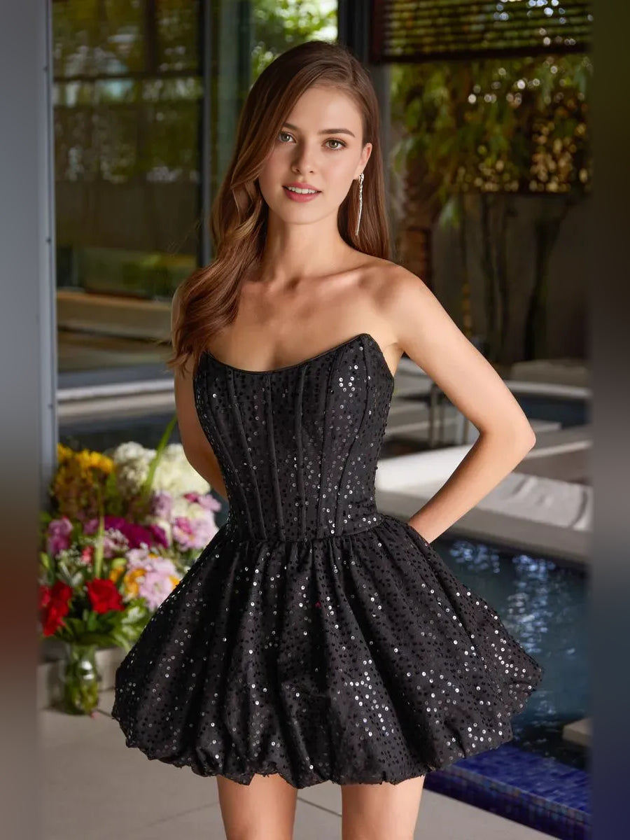 Black strapless corset mini dress with beaded sparkle and gathered A-line skirt